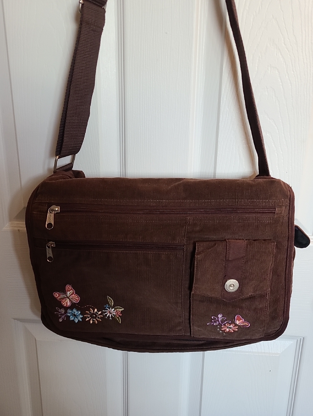 Mudd Brown Corduroy  Messenger Bag with Floral And Butterfly Embroidery Y2K 90s